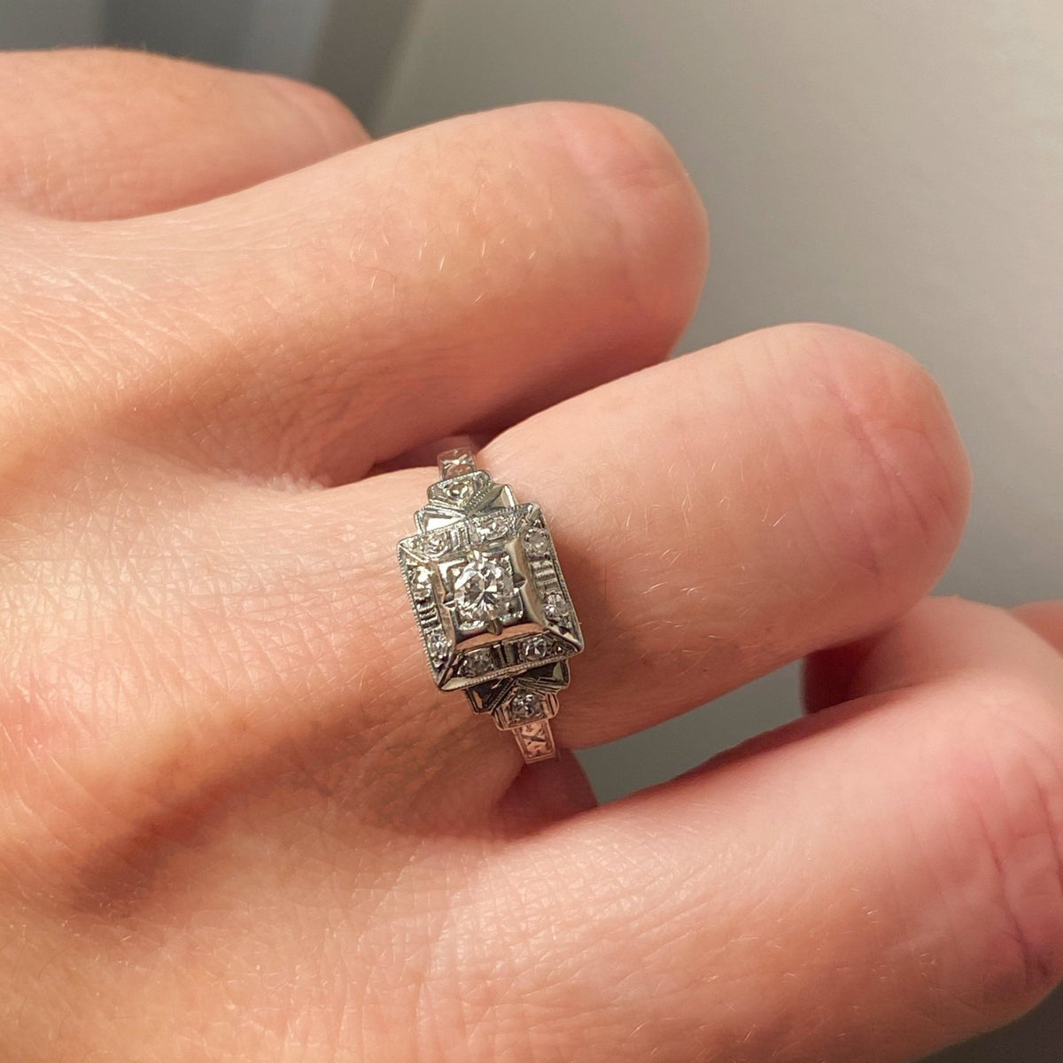 Art Deco Diamond Ring | 18k White Gold Ring - Trademark Antiques