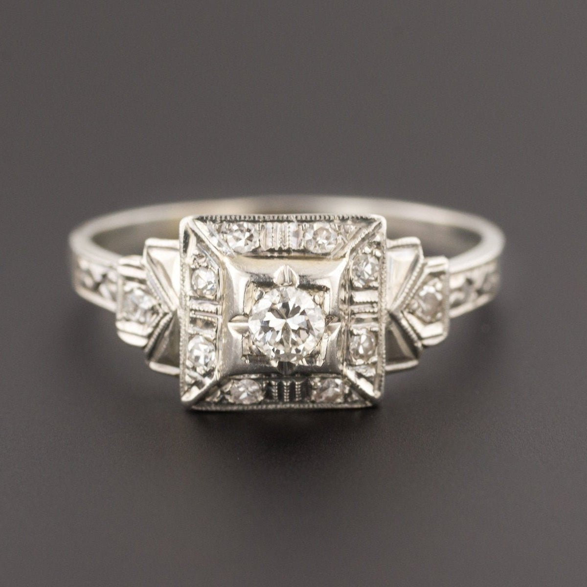 Art Deco Diamond Ring | 18k White Gold Ring - Trademark Antiques