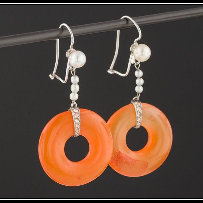 Art Deco Earrings | Carnelian Diamond &amp; Pearl Earrings - Trademark Antiques
