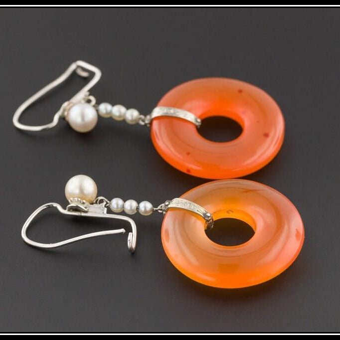 Art Deco Earrings | Carnelian Diamond &amp; Pearl Earrings - Trademark Antiques