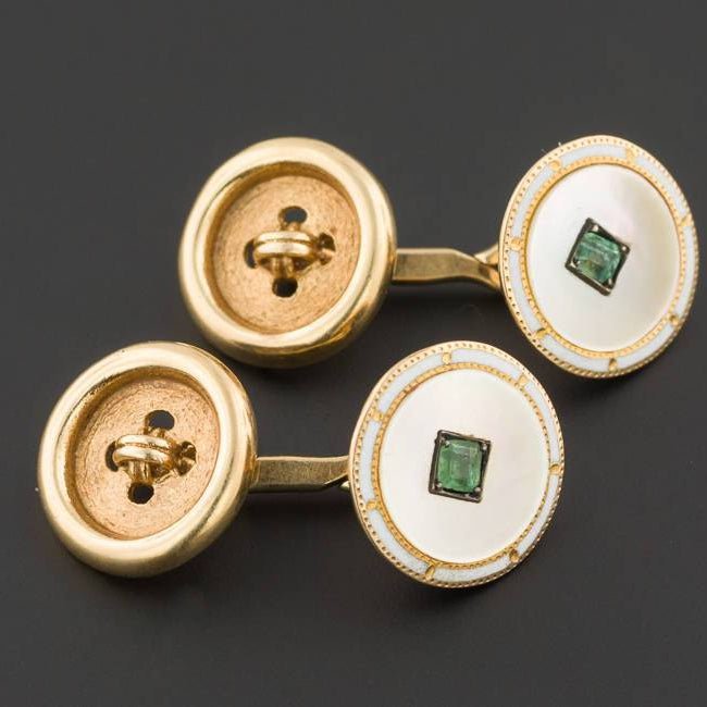 Art Deco Enamel and Emerald Cufflinks | 14k Gold Cufflinks - Trademark Antiques