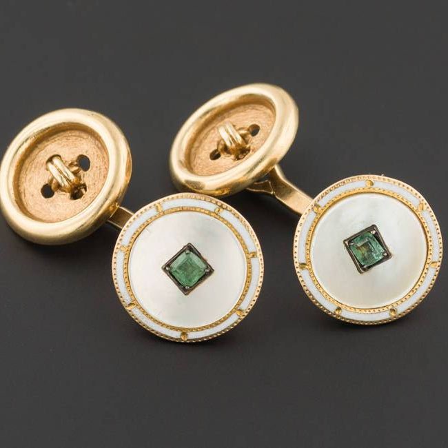 Art Deco Enamel and Emerald Cufflinks | 14k Gold Cufflinks - Trademark Antiques