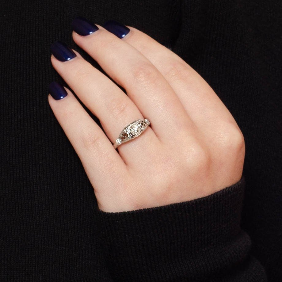 Art Deco Filigree Diamond Engagement Ring of 14k White Gold - Trademark Antiques