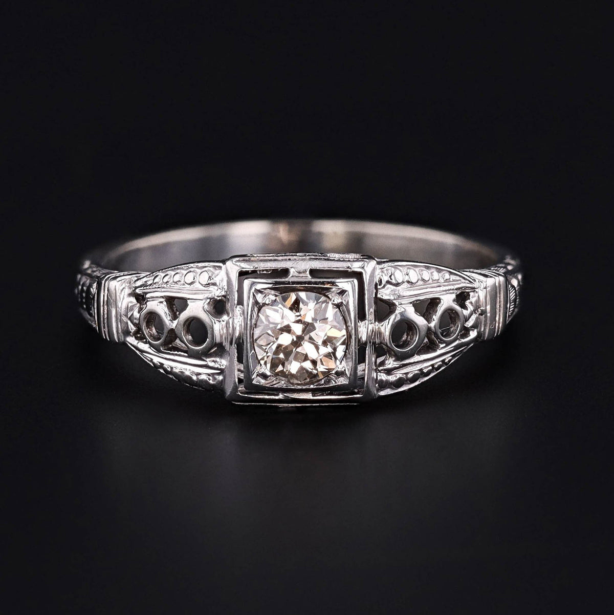 Art Deco Filigree Diamond Engagement Ring of 14k White Gold - Trademark Antiques