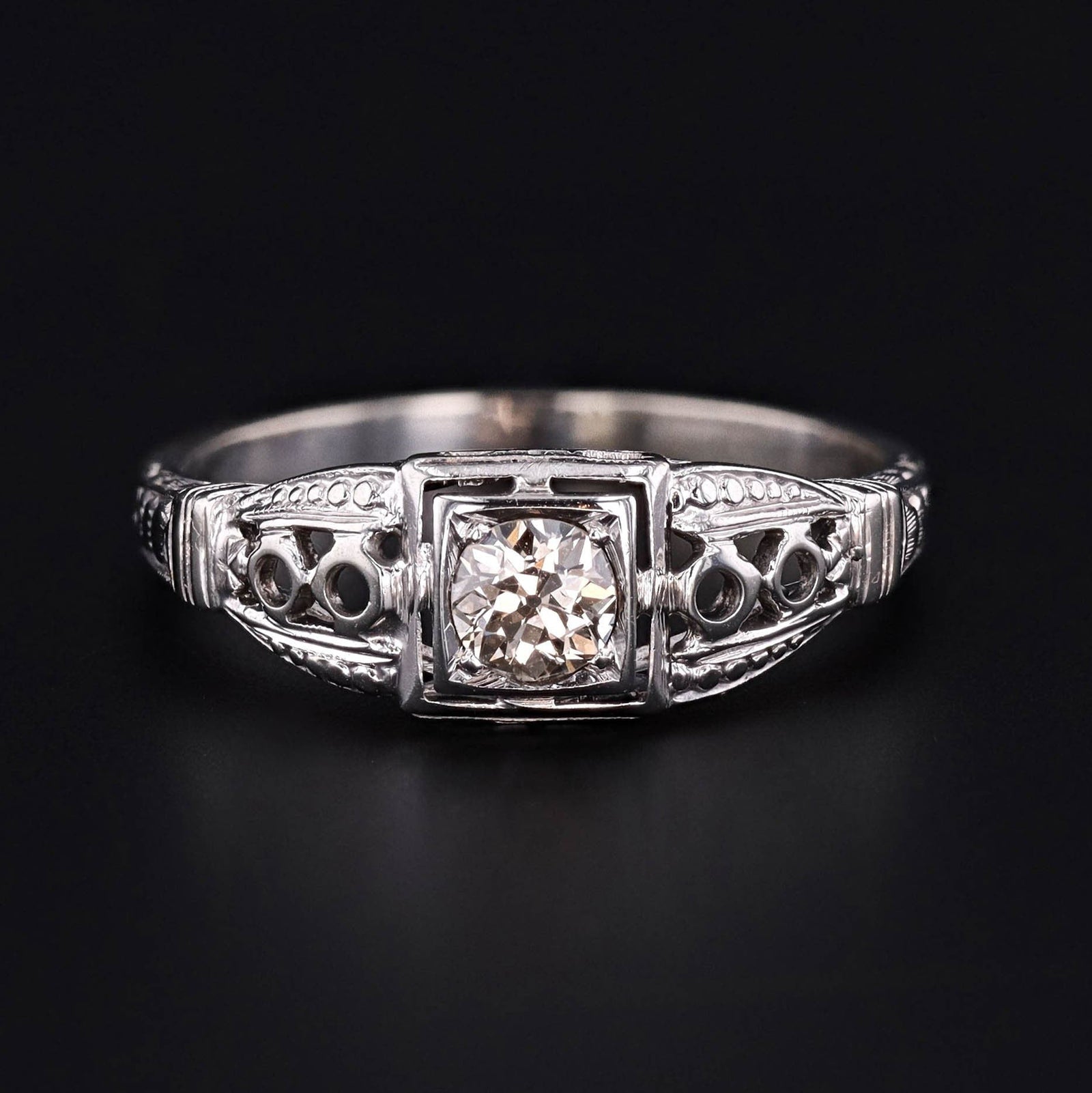 Art Deco Filigree Diamond Engagement Ring of 14k White Gold - Trademark Antiques