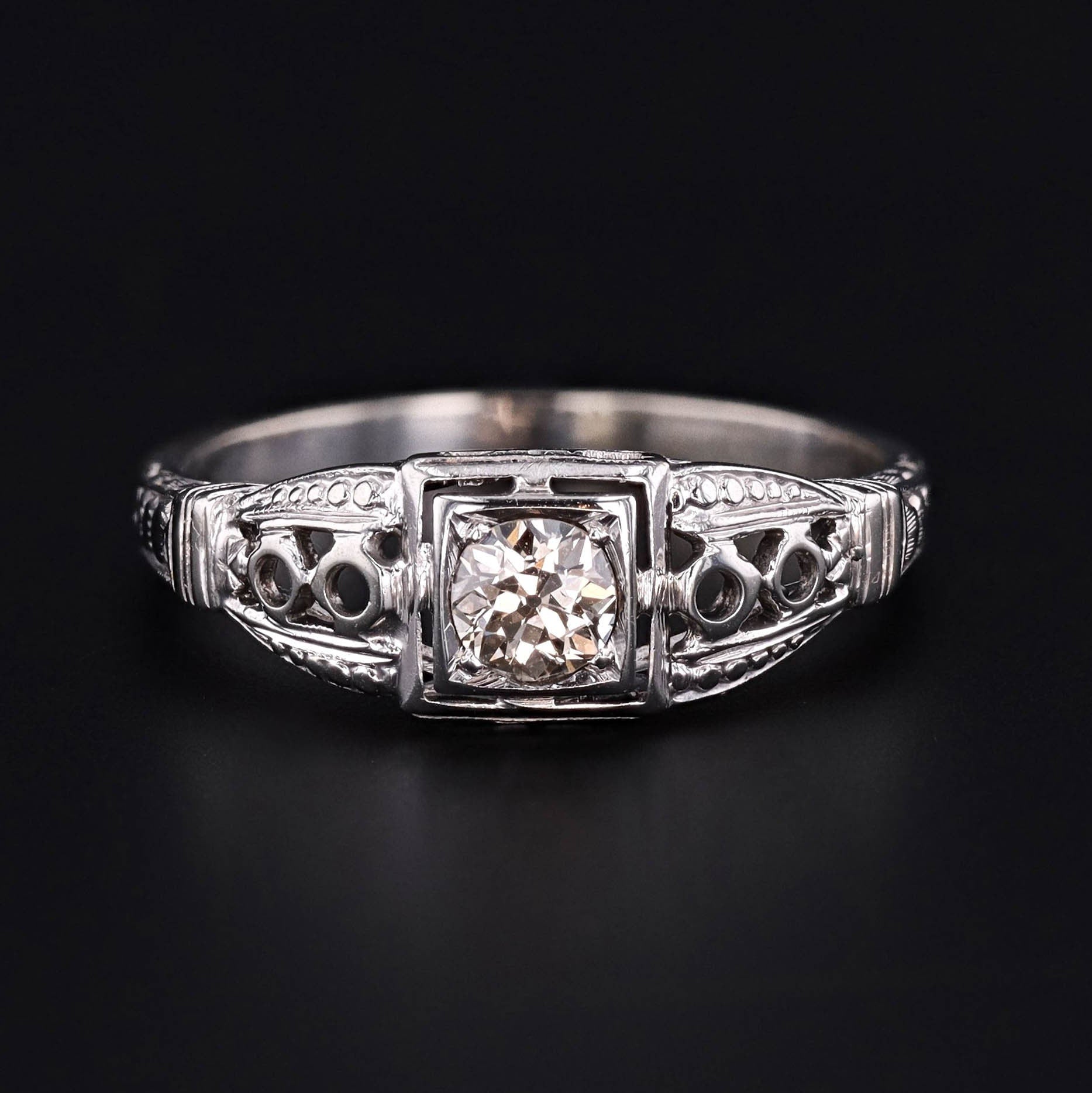 Art Deco Filigree Diamond Engagement Ring of 14k White Gold - Trademark Antiques