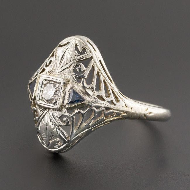 Art Deco Filigree Diamond Ring | Vintage Diamond &amp; Synthetic Sapphire Ring - Trademark Antiques