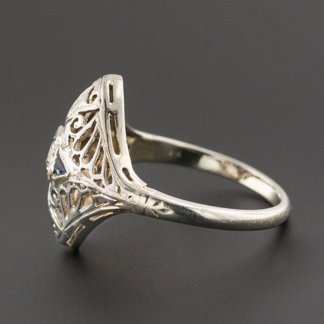 Art Deco Filigree Diamond Ring | Vintage Diamond &amp; Synthetic Sapphire Ring - Trademark Antiques