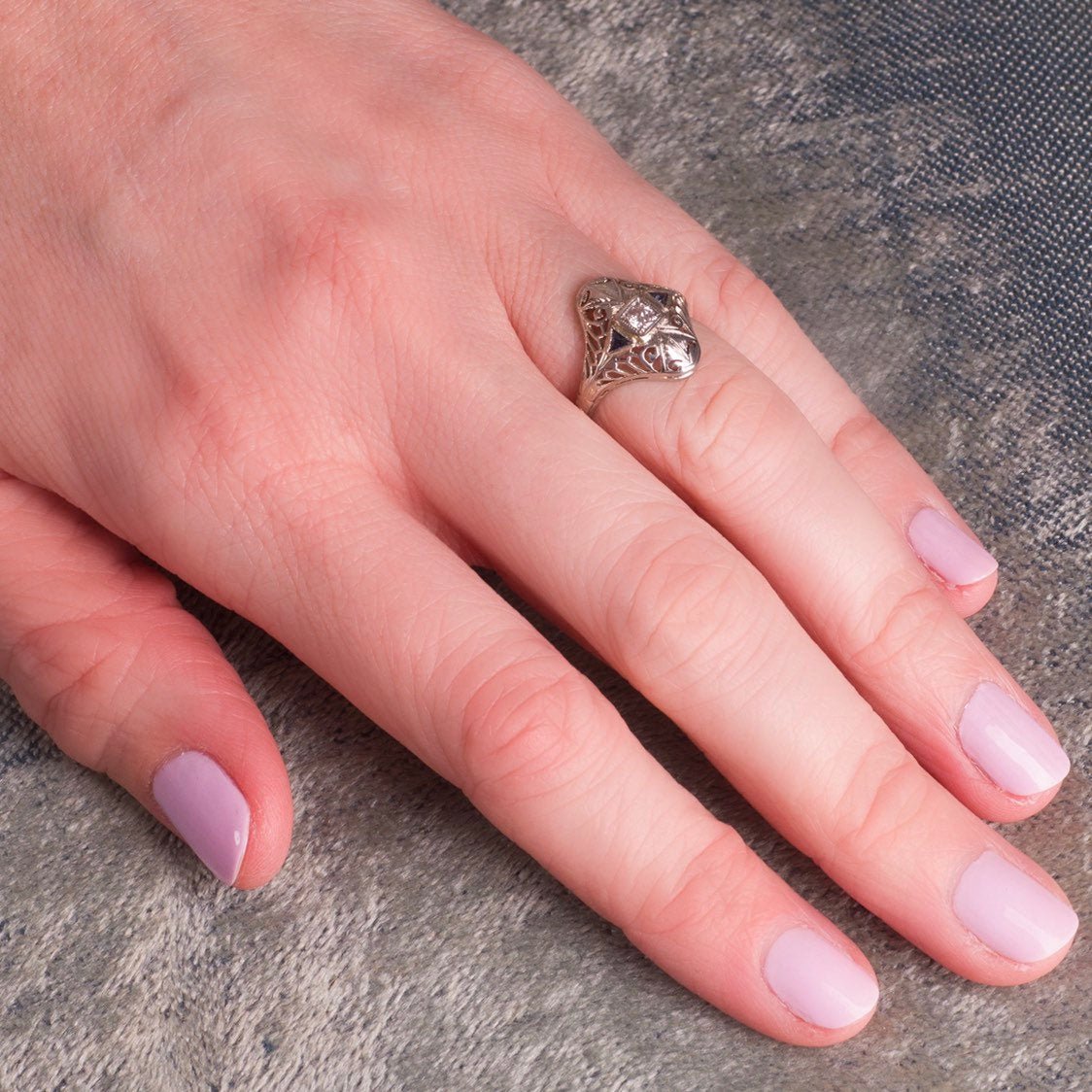 Art Deco Filigree Diamond Ring | Vintage Diamond &amp; Synthetic Sapphire Ring - Trademark Antiques