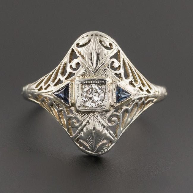 Art Deco Filigree Diamond Ring | Vintage Diamond &amp; Synthetic Sapphire Ring - Trademark Antiques