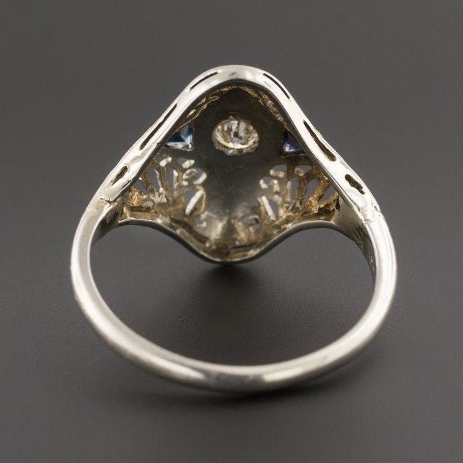 Art Deco Filigree Diamond Ring | Vintage Diamond &amp; Synthetic Sapphire Ring - Trademark Antiques