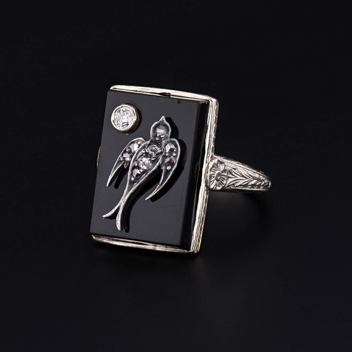 Art Deco Onyx and Diamond Swallow Bird Ring - Trademark Antiques