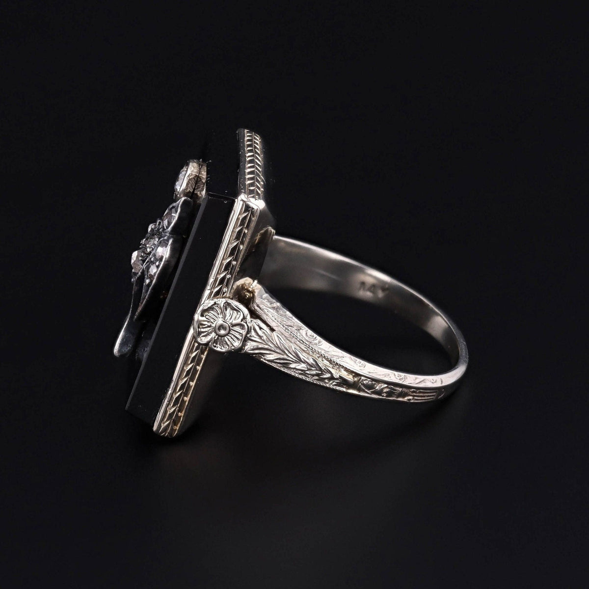 Art Deco Onyx and Diamond Swallow Bird Ring - Trademark Antiques