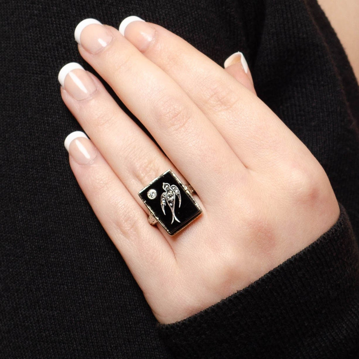Art Deco Onyx and Diamond Swallow Bird Ring - Trademark Antiques