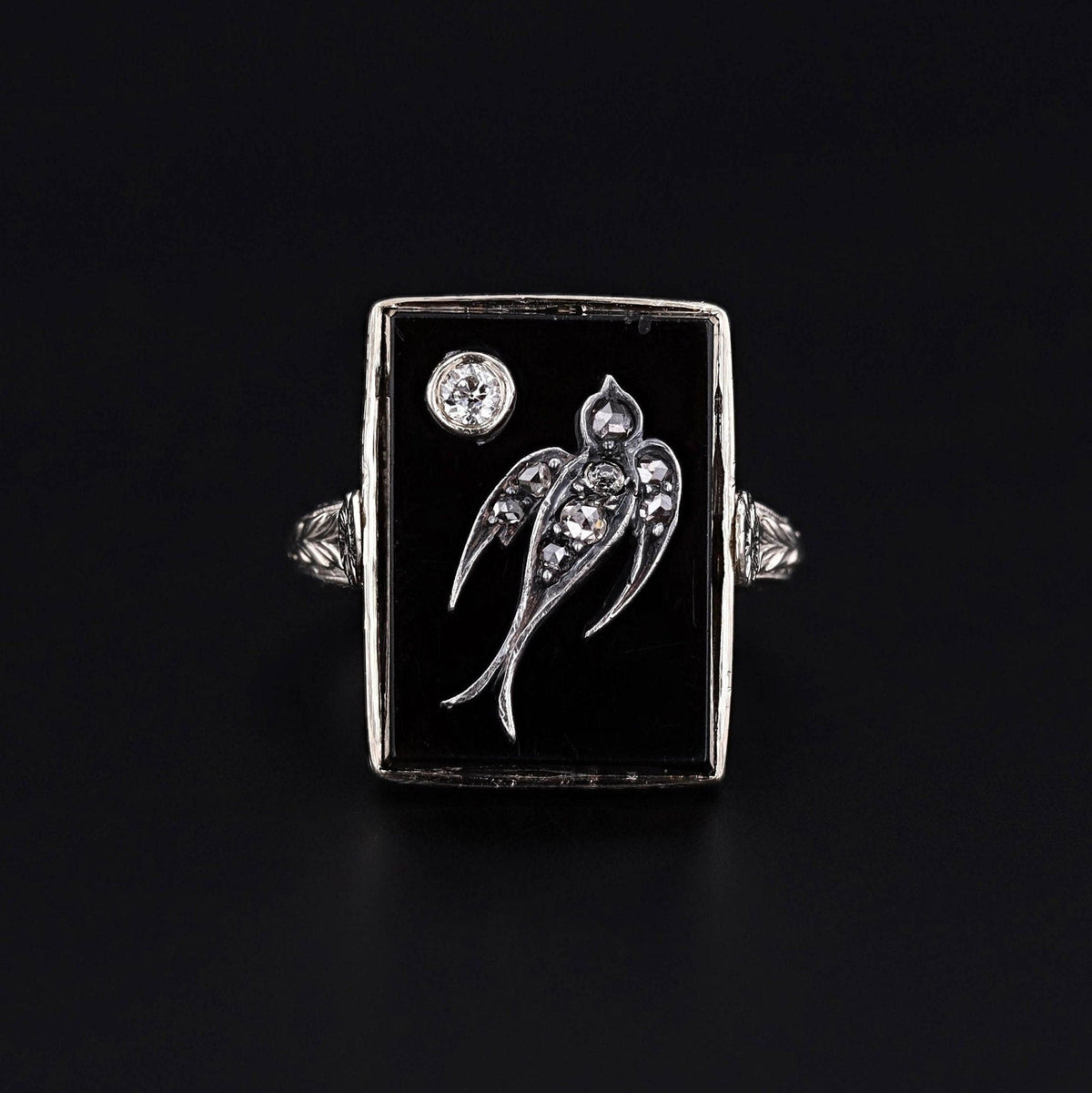 Art Deco Onyx and Diamond Swallow Bird Ring - Trademark Antiques