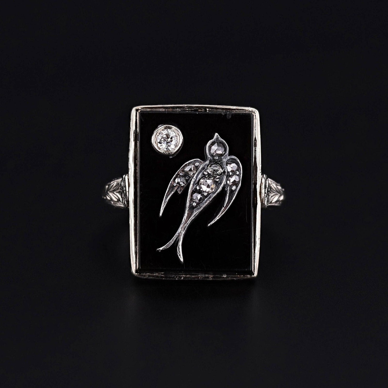 Art Deco Onyx and Diamond Swallow Bird Ring - Trademark Antiques