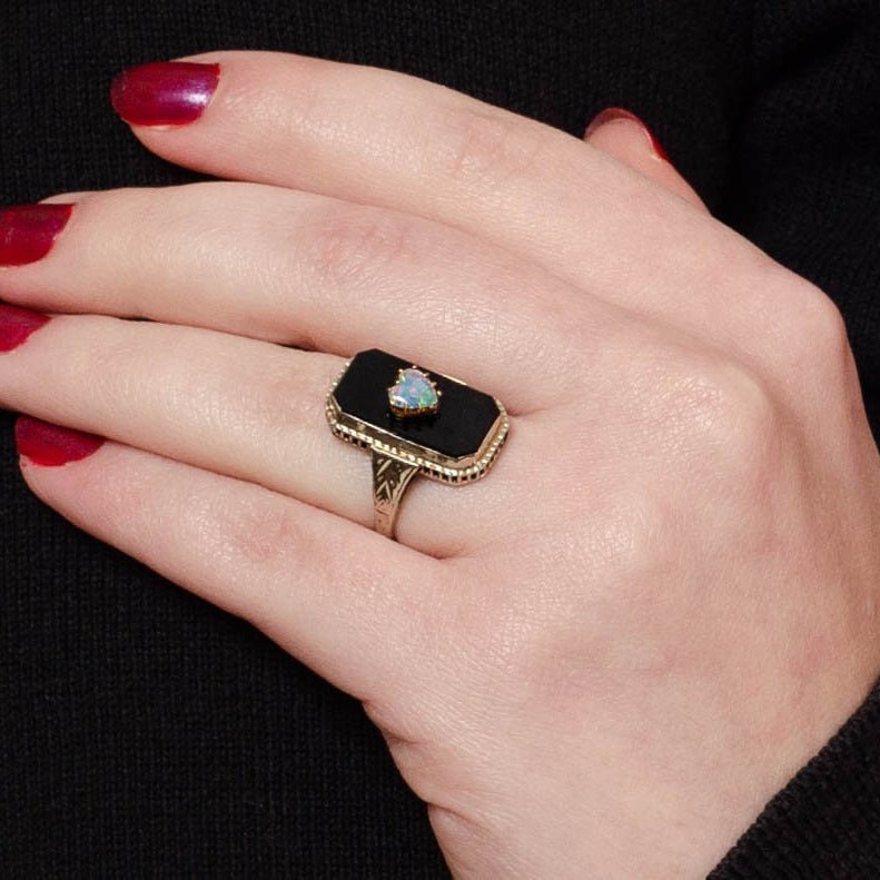 Art Deco Onyx &amp; Opal Heart Ring | 14k White Gold Filigree Ring - Trademark Antiques
