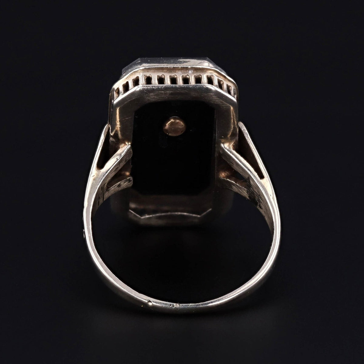 Art Deco Onyx &amp; Opal Heart Ring | 14k White Gold Filigree Ring - Trademark Antiques