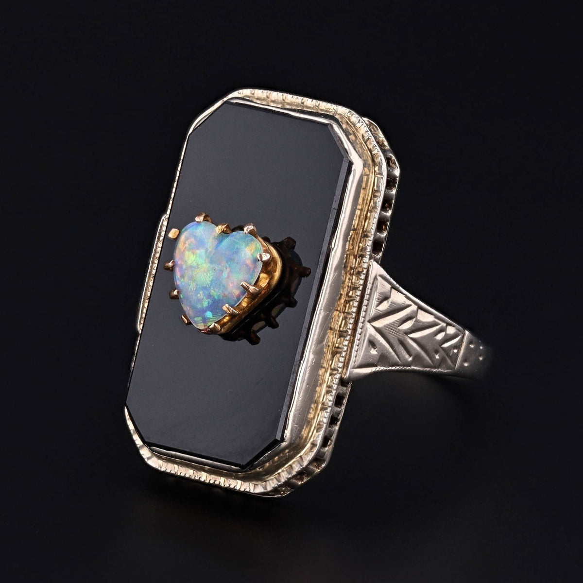 Art Deco Onyx &amp; Opal Heart Ring | 14k White Gold Filigree Ring - Trademark Antiques