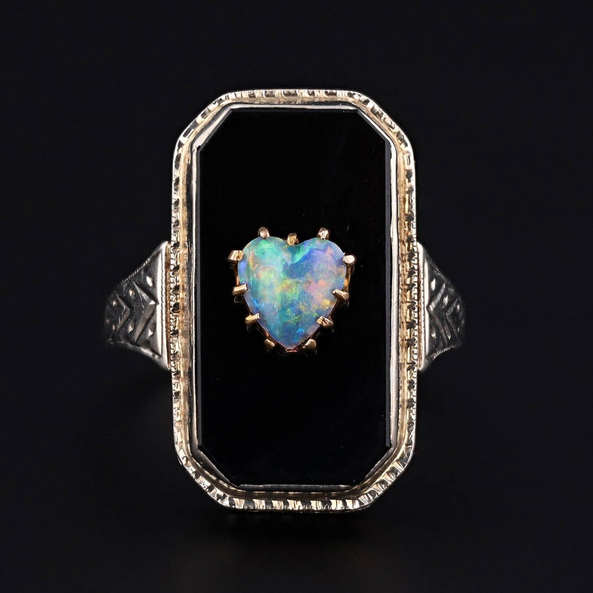 Art Deco Onyx &amp; Opal Heart Ring | 14k White Gold Filigree Ring - Trademark Antiques