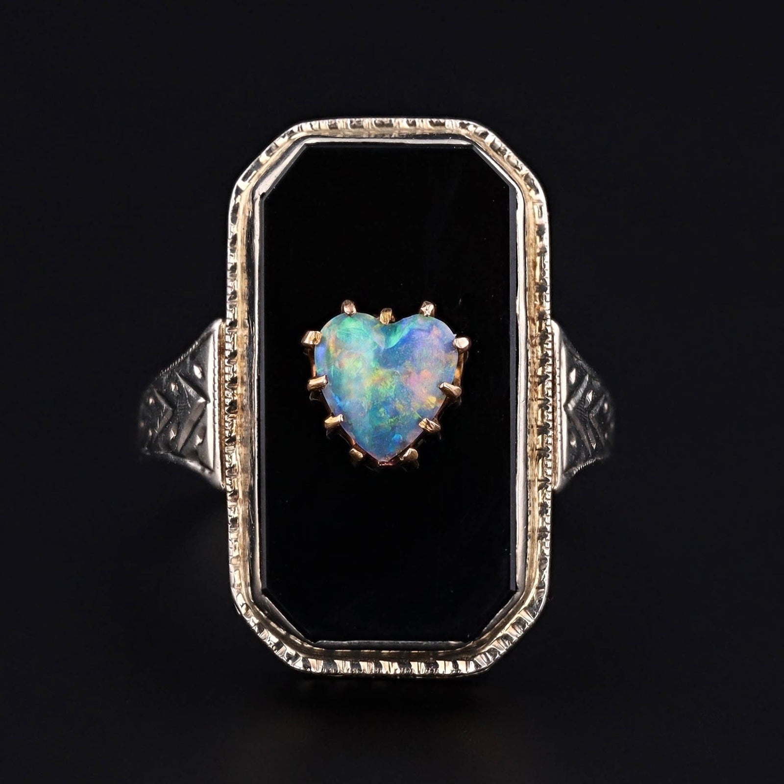 Art Deco Onyx & Opal Heart Ring | 14k White Gold Filigree Ring - Trademark Antiques