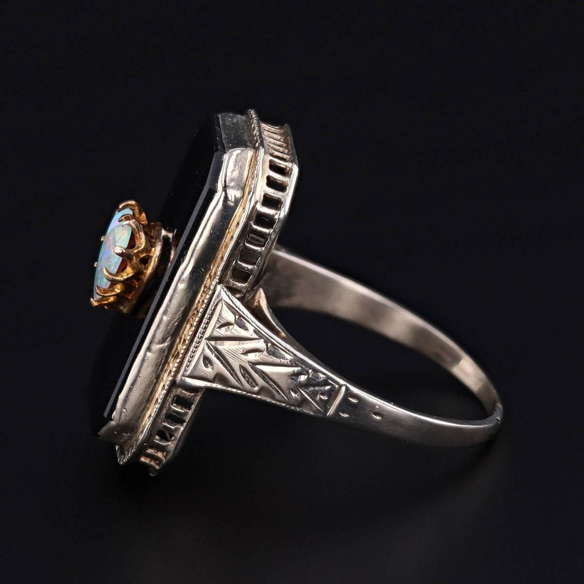 Art Deco Onyx &amp; Opal Heart Ring | 14k White Gold Filigree Ring - Trademark Antiques