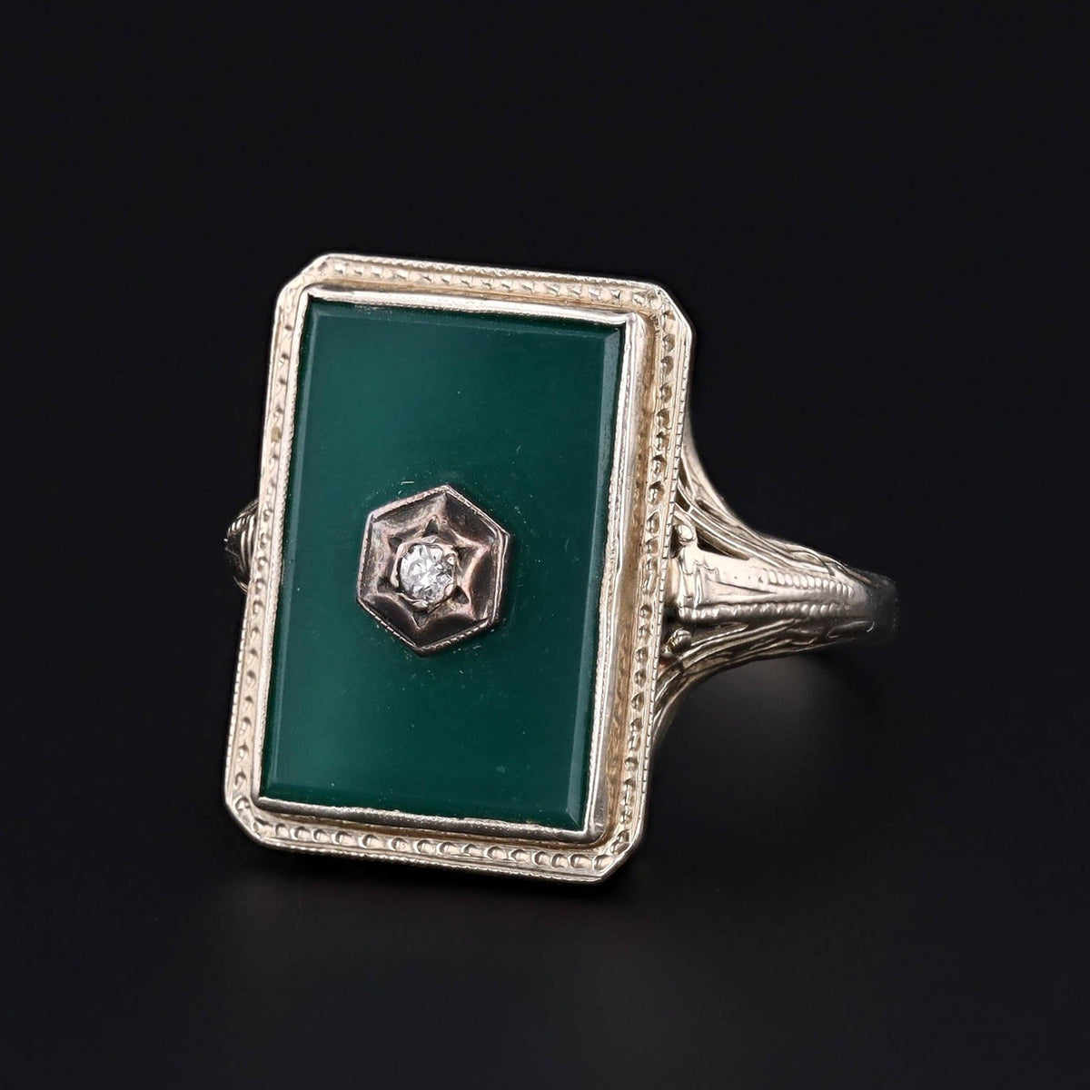 Art Deco Ring | Green Onyx &amp; Diamond Ring - Trademark Antiques