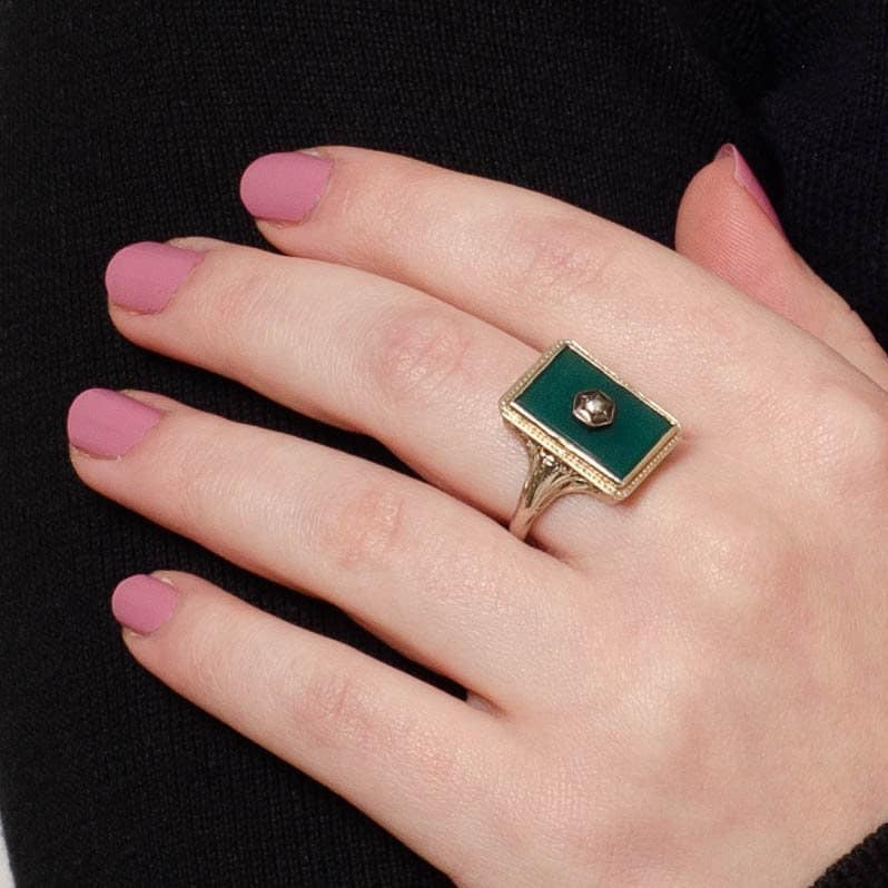 Art Deco Ring | Green Onyx &amp; Diamond Ring - Trademark Antiques