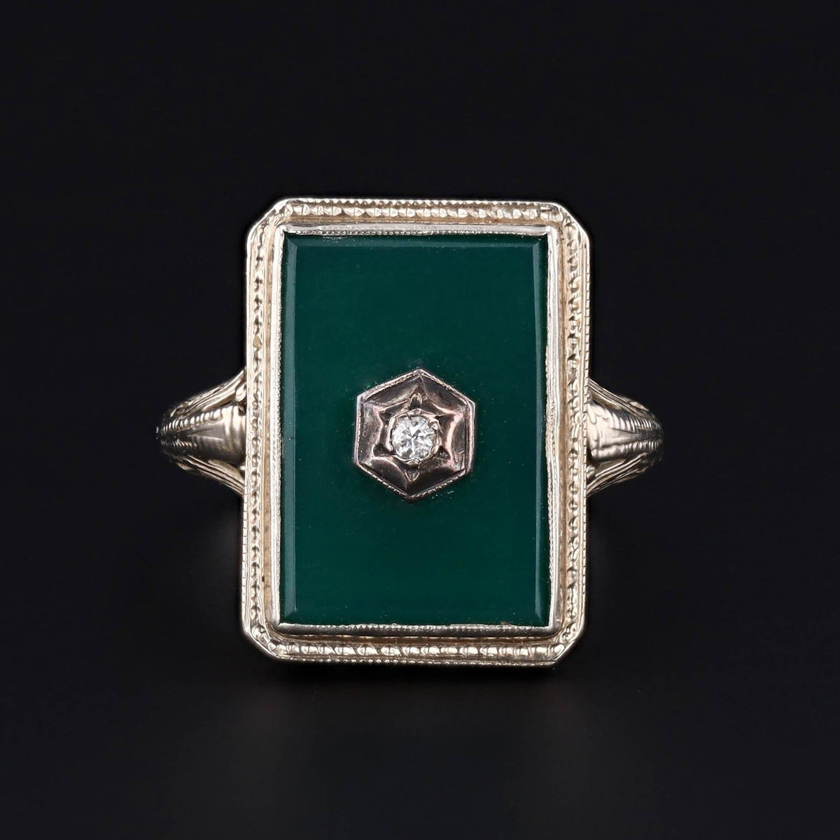 Art Deco Ring | Green Onyx &amp; Diamond Ring - Trademark Antiques