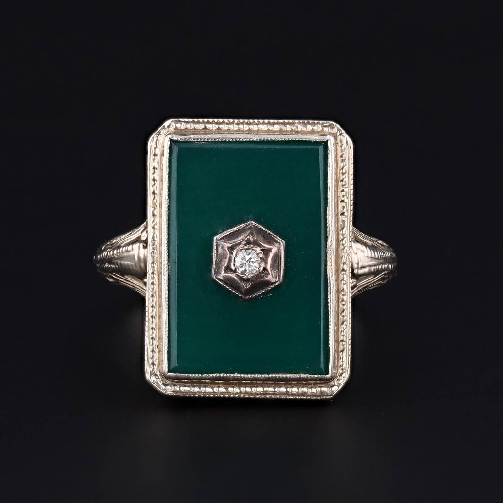 Art Deco Ring | Green Onyx & Diamond Ring - Trademark Antiques