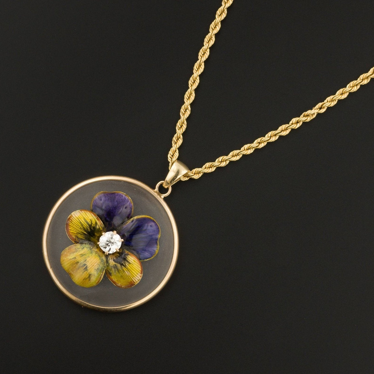 Art Nouveau Enamel Pansy Pendant | 14k Gold Enamel &amp; Diamond Pansy Pendant Optional 14k Chain - Trademark Antiques