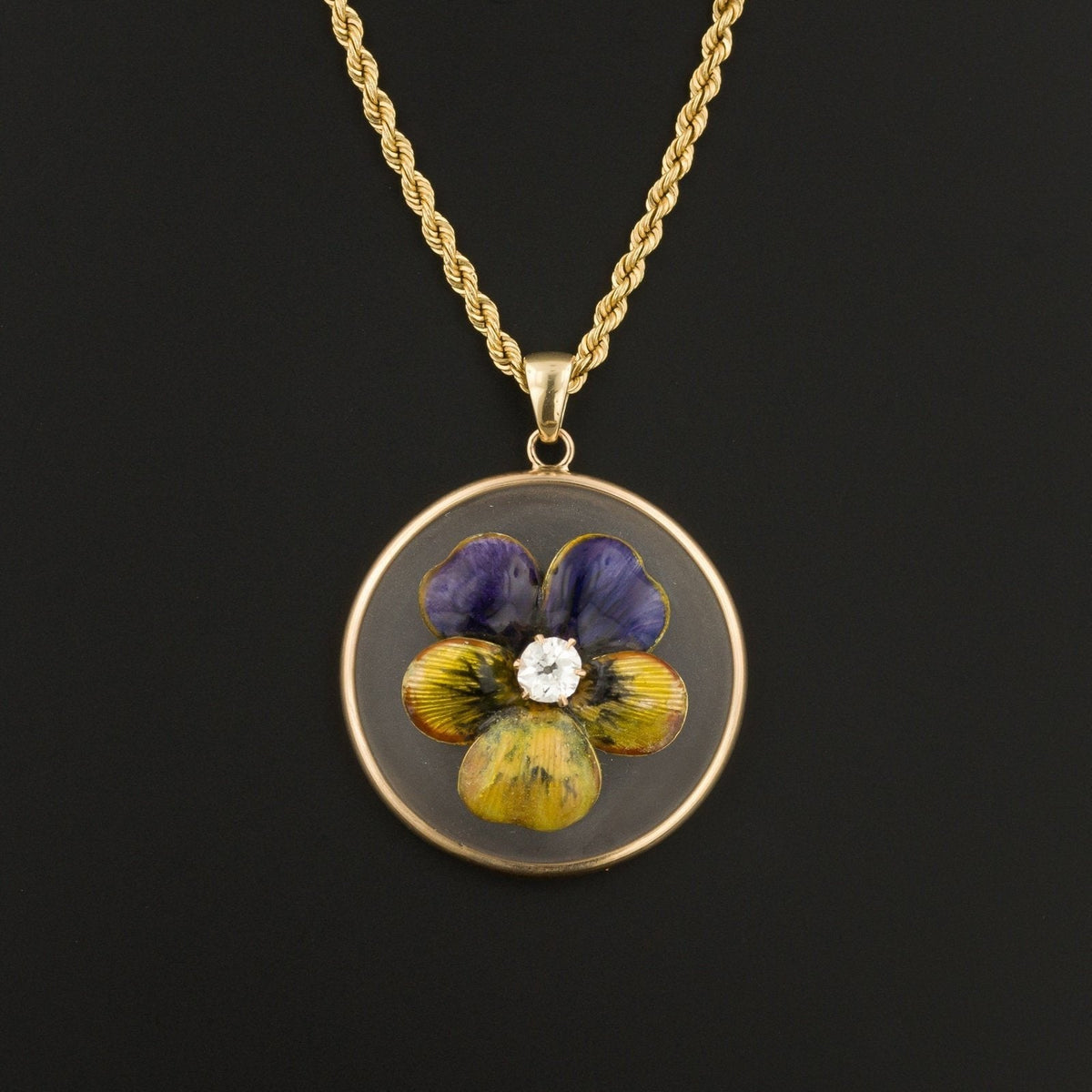 Art Nouveau Enamel Pansy Pendant | 14k Gold Enamel &amp; Diamond Pansy Pendant Optional 14k Chain - Trademark Antiques