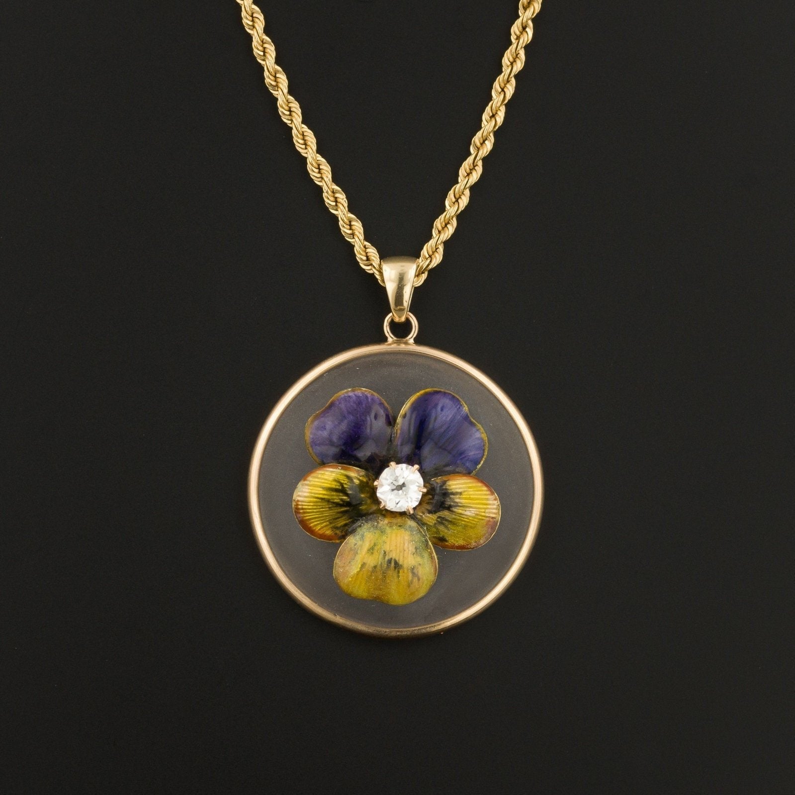 Art Nouveau Enamel Pansy Pendant | 14k Gold Enamel & Diamond Pansy Pendant Optional 14k Chain - Trademark Antiques