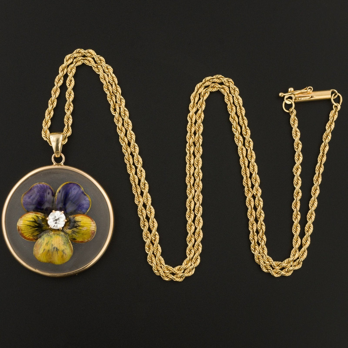 Art Nouveau Enamel Pansy Pendant | 14k Gold Enamel &amp; Diamond Pansy Pendant Optional 14k Chain - Trademark Antiques
