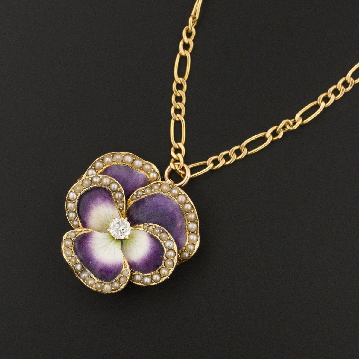 Art Nouveau Enamel Pansy Pendant or Brooch | 14k Gold Enamel &amp; Diamond Pansy Pendant or Brooch on Optional 10k Chain - Trademark Antiques