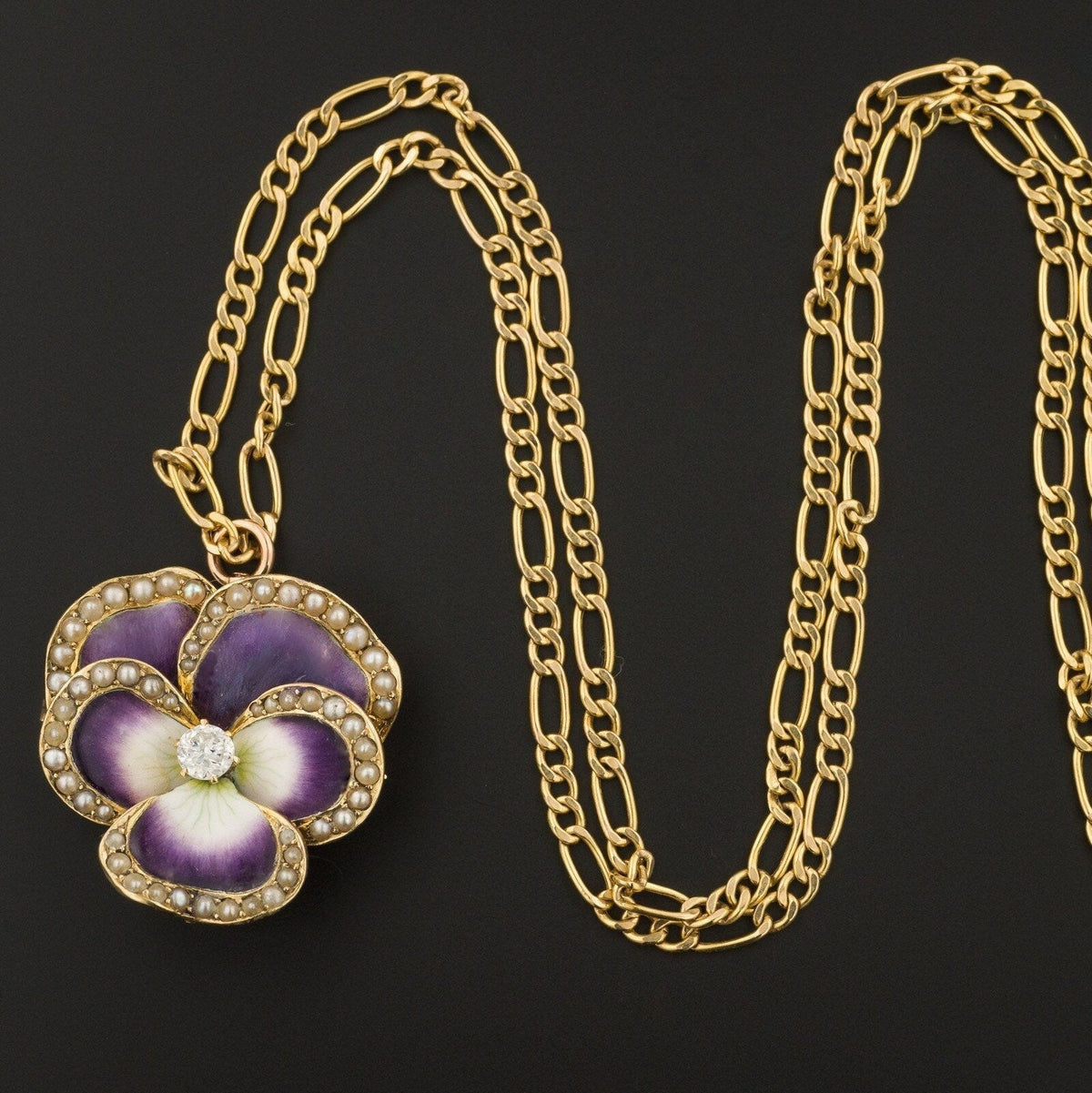 Art Nouveau Enamel Pansy Pendant or Brooch | 14k Gold Enamel &amp; Diamond Pansy Pendant or Brooch on Optional 10k Chain - Trademark Antiques