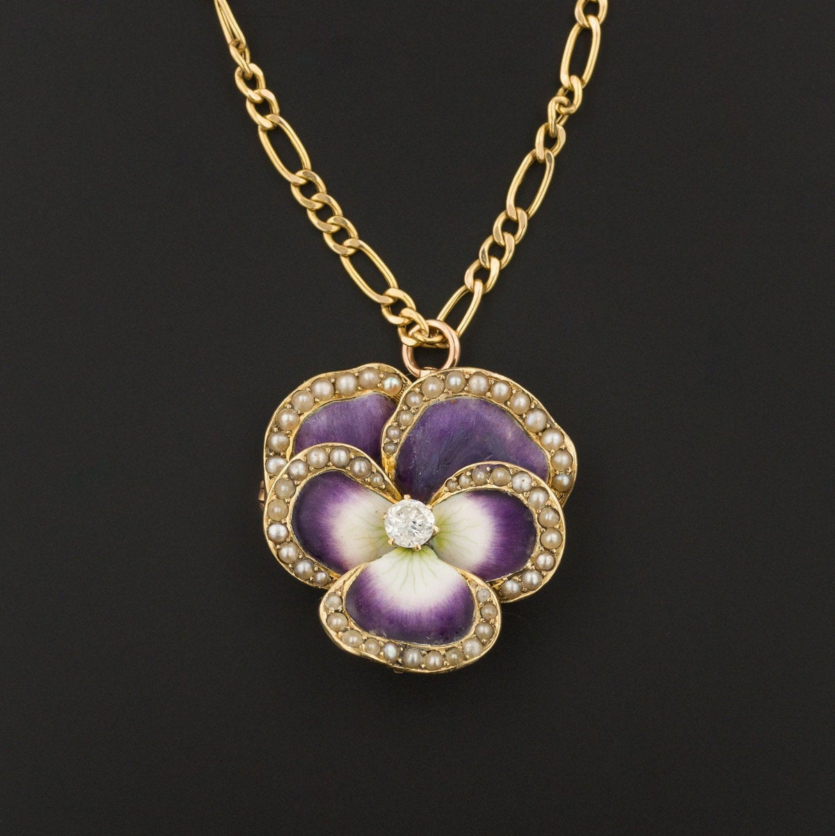 Art Nouveau Enamel Pansy Pendant or Brooch | 14k Gold Enamel &amp; Diamond Pansy Pendant or Brooch on Optional 10k Chain - Trademark Antiques