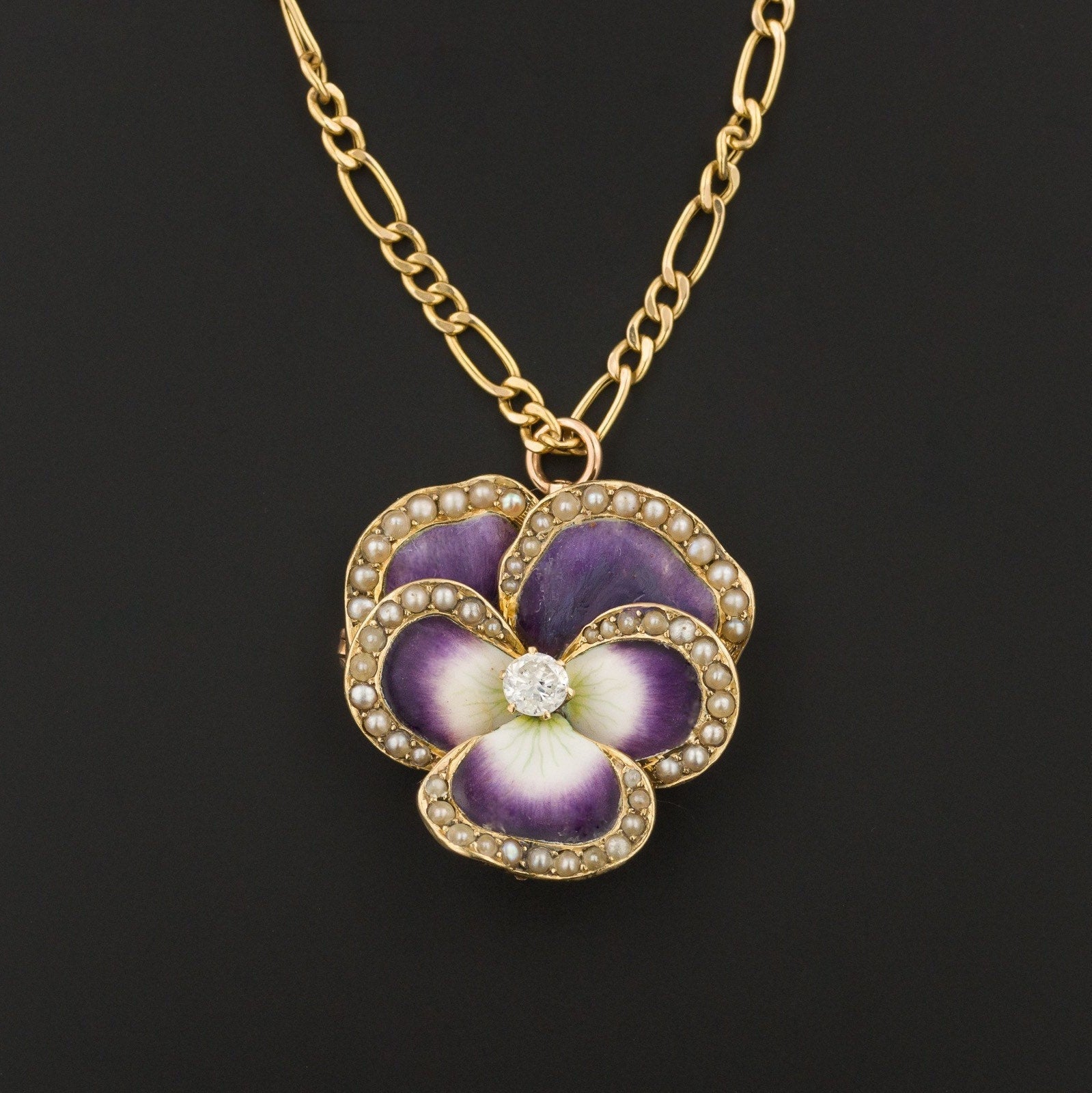 Art Nouveau Enamel Pansy Pendant or Brooch | 14k Gold Enamel & Diamond Pansy Pendant or Brooch on Optional 10k Chain - Trademark Antiques
