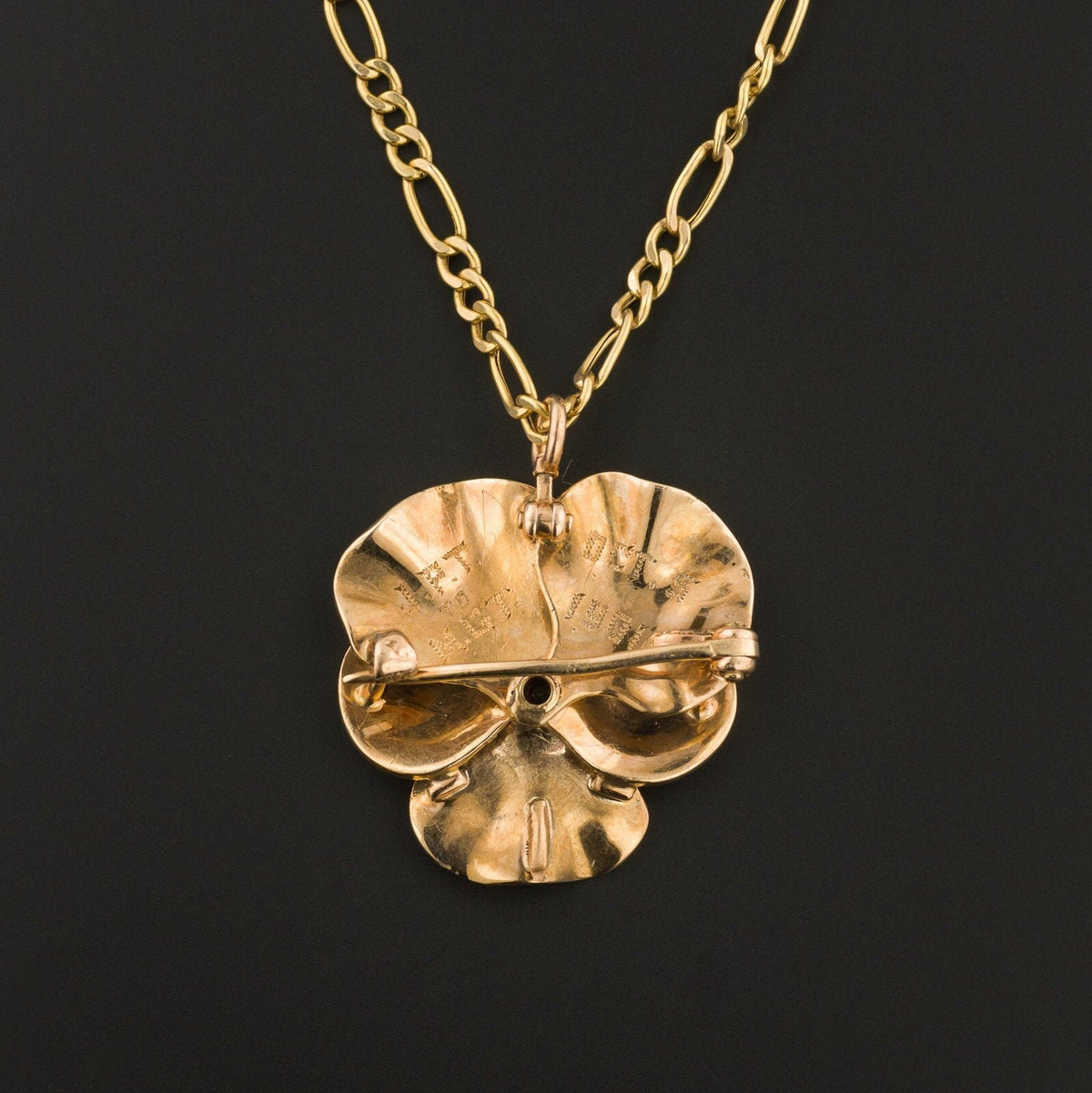 Art Nouveau Enamel Pansy Pendant or Brooch | 14k Gold Enamel &amp; Diamond Pansy Pendant or Brooch on Optional 10k Chain - Trademark Antiques