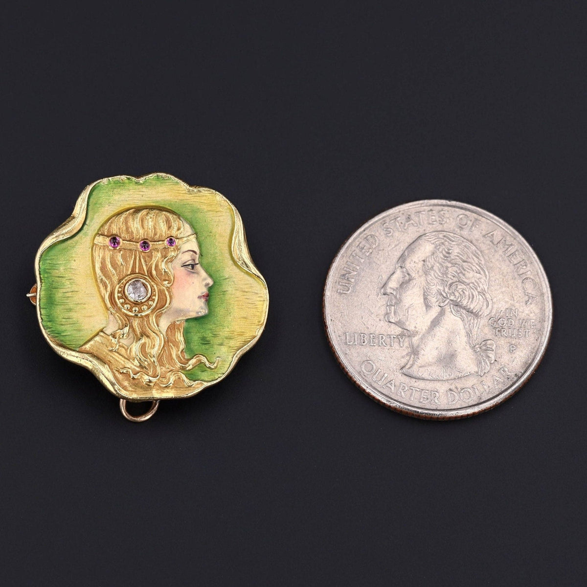 Art Nouveau Enamel Woman Brooch of 18k Gold - Trademark Antiques