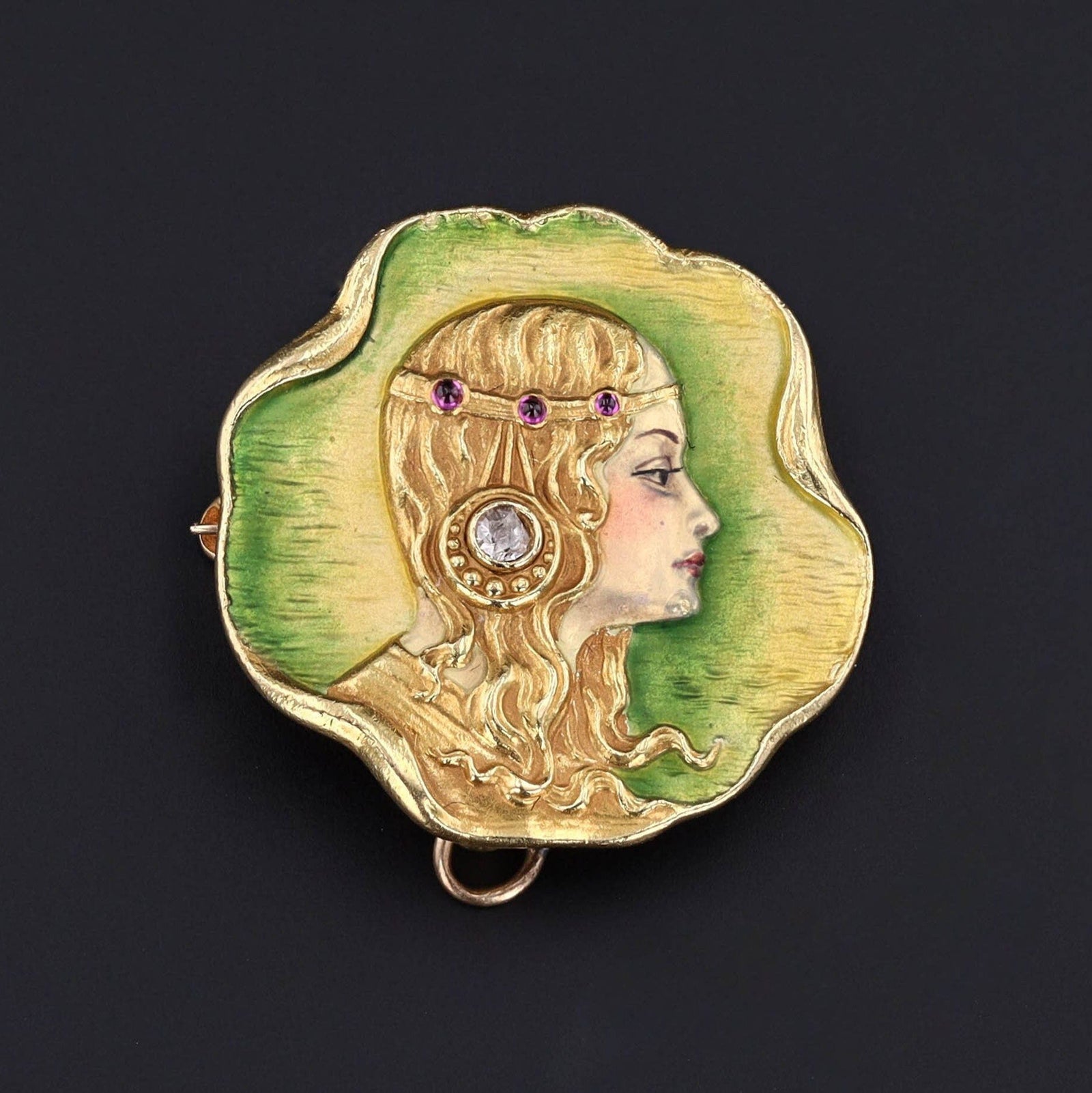 Art Nouveau Enamel Woman Brooch of 18k Gold - Trademark Antiques