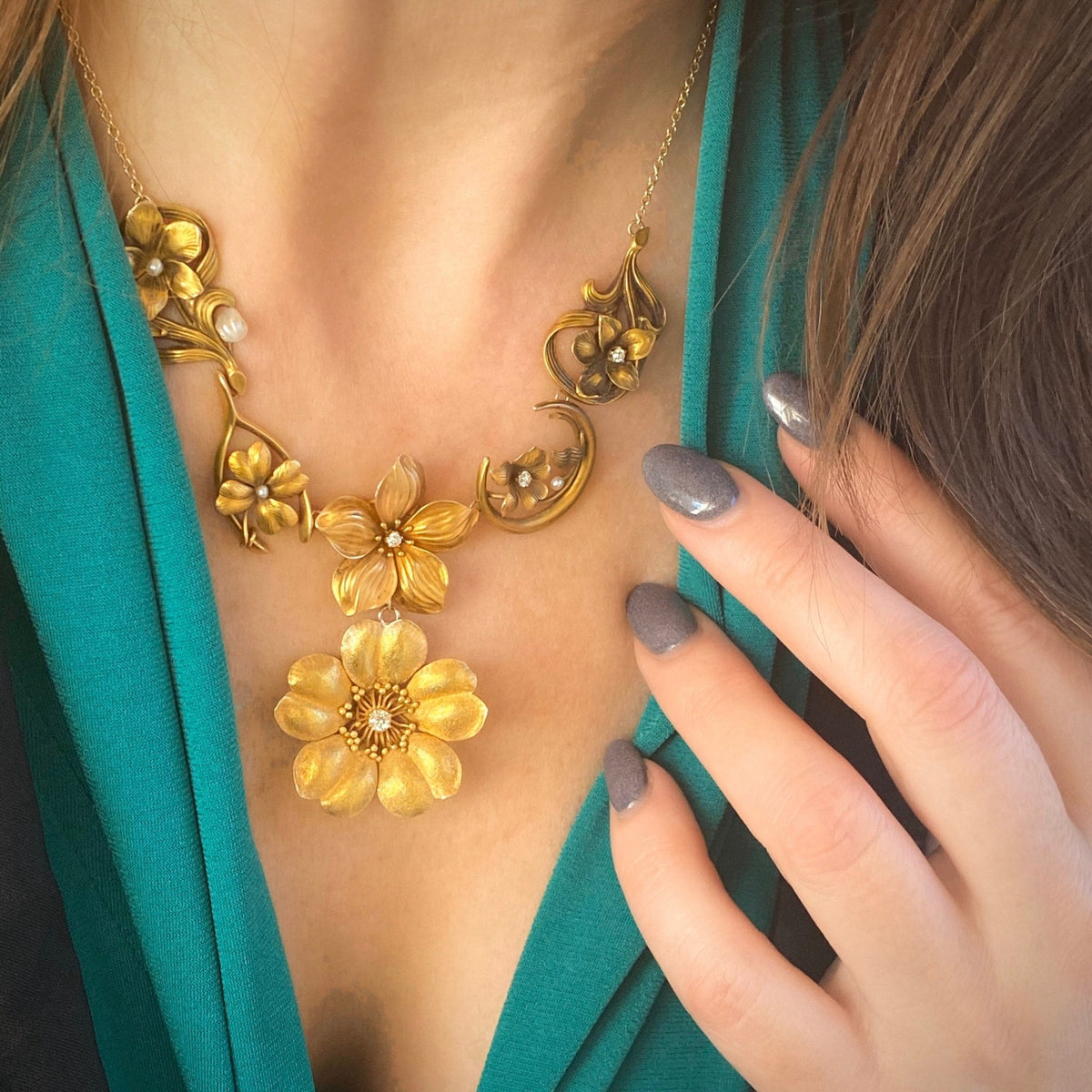 Art Nouveau Flower Conversion Necklace in 10k and 14k Gold - Trademark Antiques