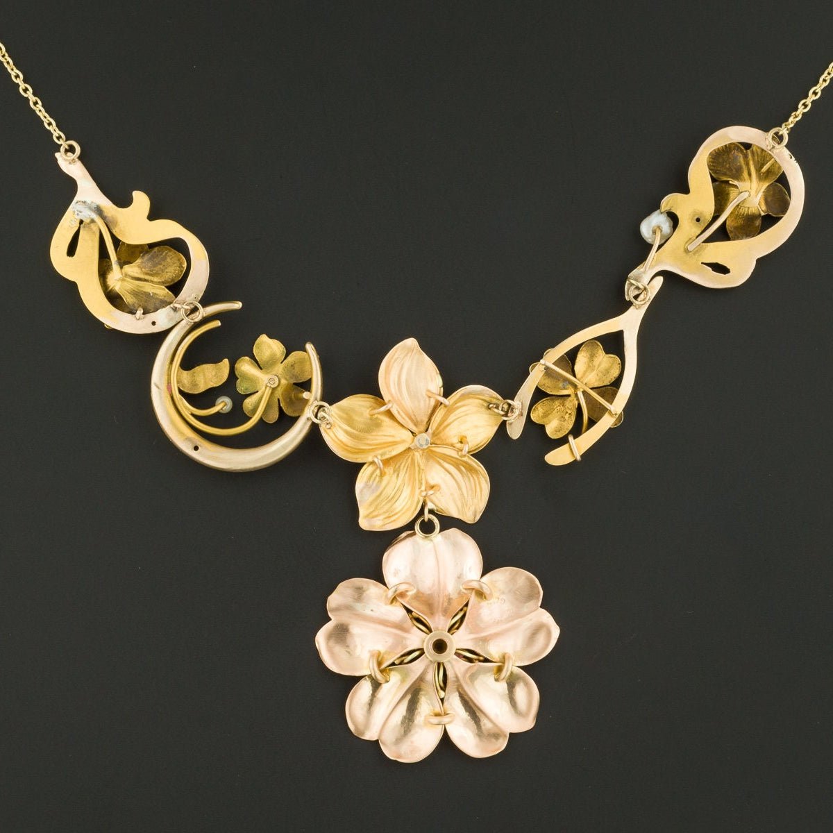 Art Nouveau Flower Conversion Necklace in 10k and 14k Gold - Trademark Antiques