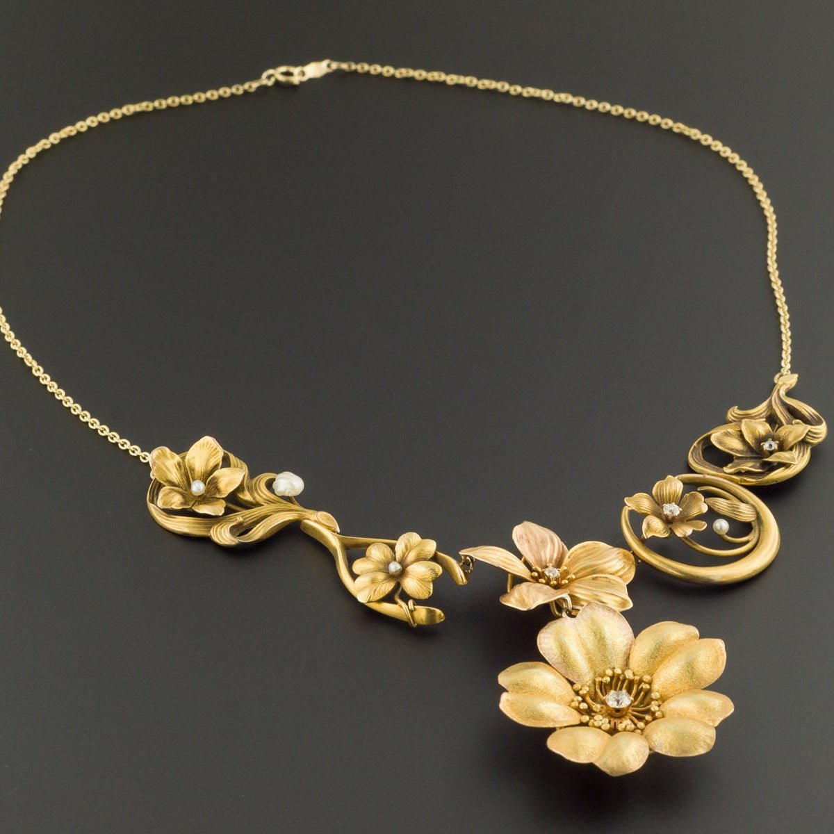 Art Nouveau Flower Conversion Necklace in 10k and 14k Gold - Trademark Antiques