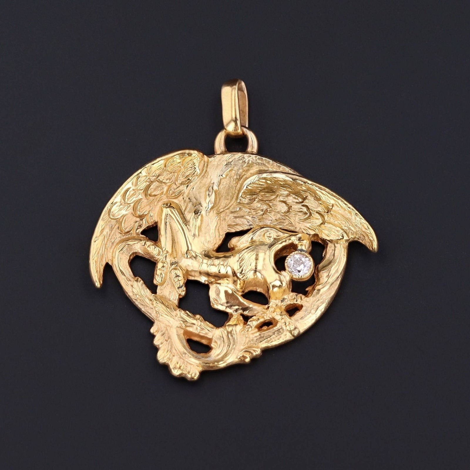 Art Nouveau Griffin Charm | 14k Gold Griffin Pendant with Diamond Accent - Trademark Antiques