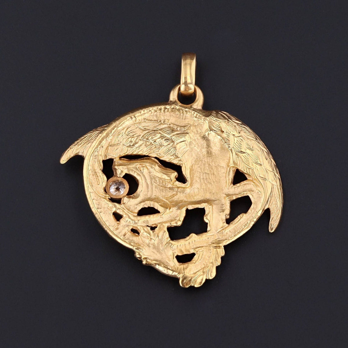 Art Nouveau Griffin Charm | 14k Gold Griffin Pendant with Diamond Accent - Trademark Antiques