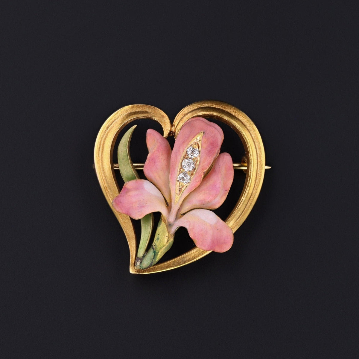 Art Nouveau Iris in Heart Brooch of 14k Gold by Bippart &amp; Co. - Trademark Antiques