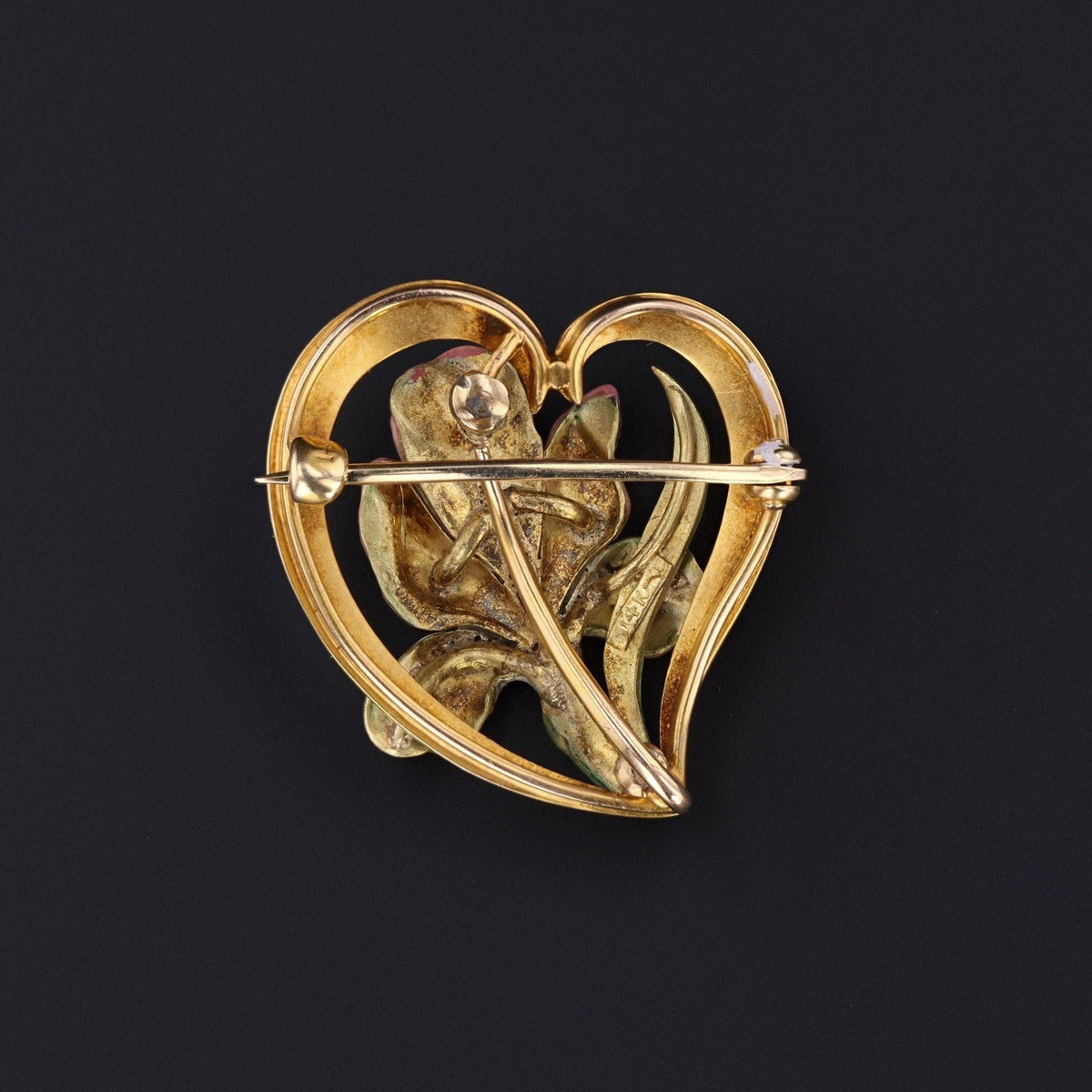 Art Nouveau Iris in Heart Brooch of 14k Gold by Bippart &amp; Co. - Trademark Antiques