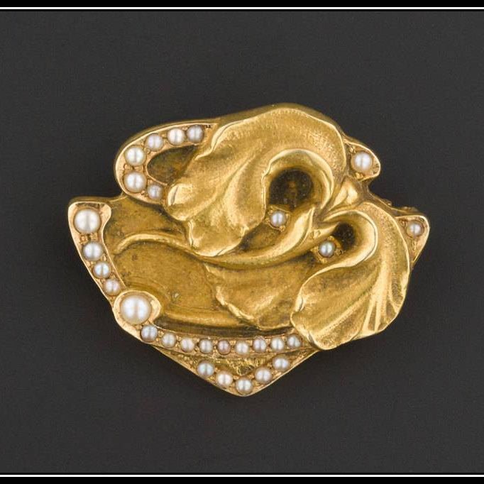 Art Nouveau Iris Pin | 14k Gold Iris Flower Pin - Trademark Antiques