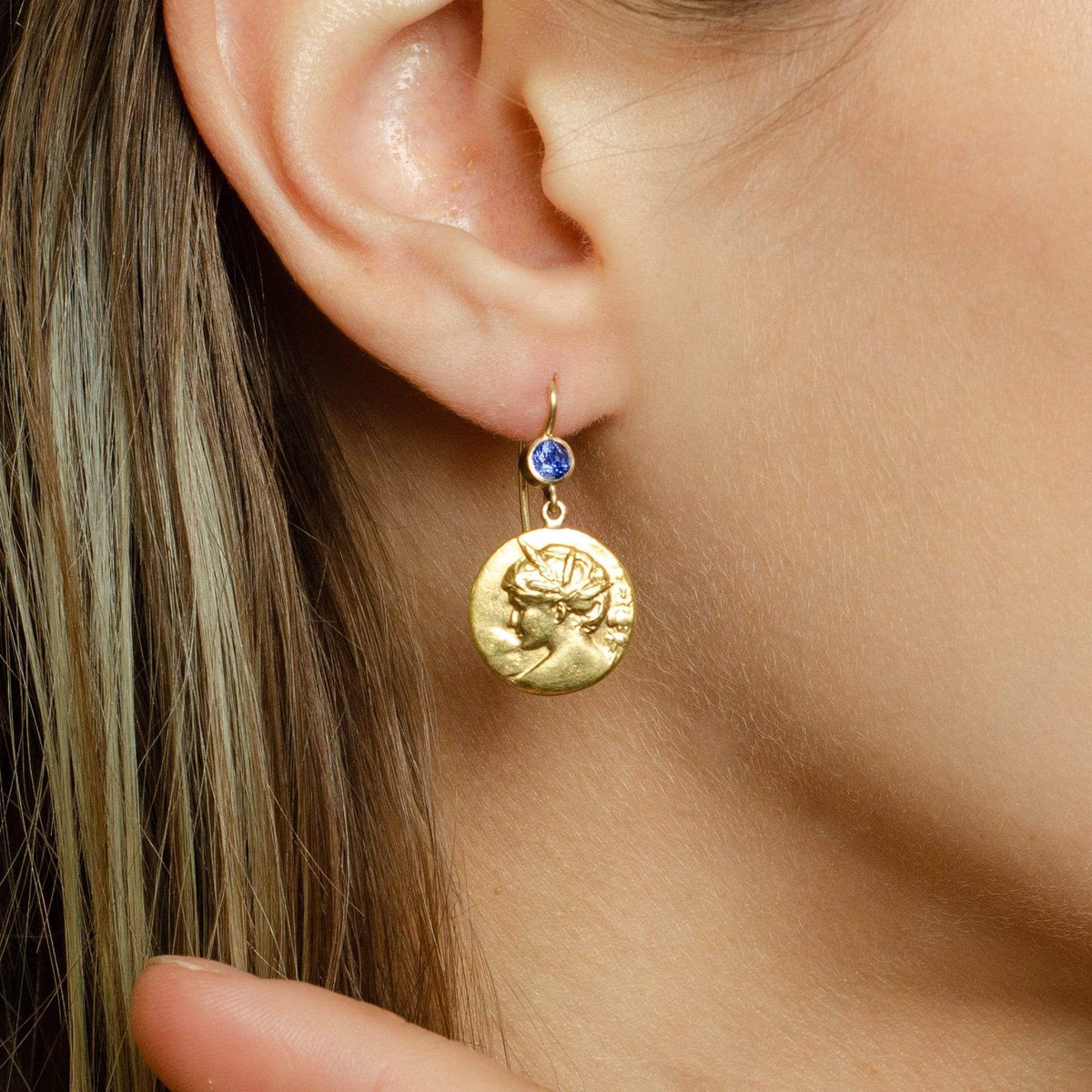 Art Nouveau Lady Earrings | Gold &amp; Sapphire Earrings - Trademark Antiques